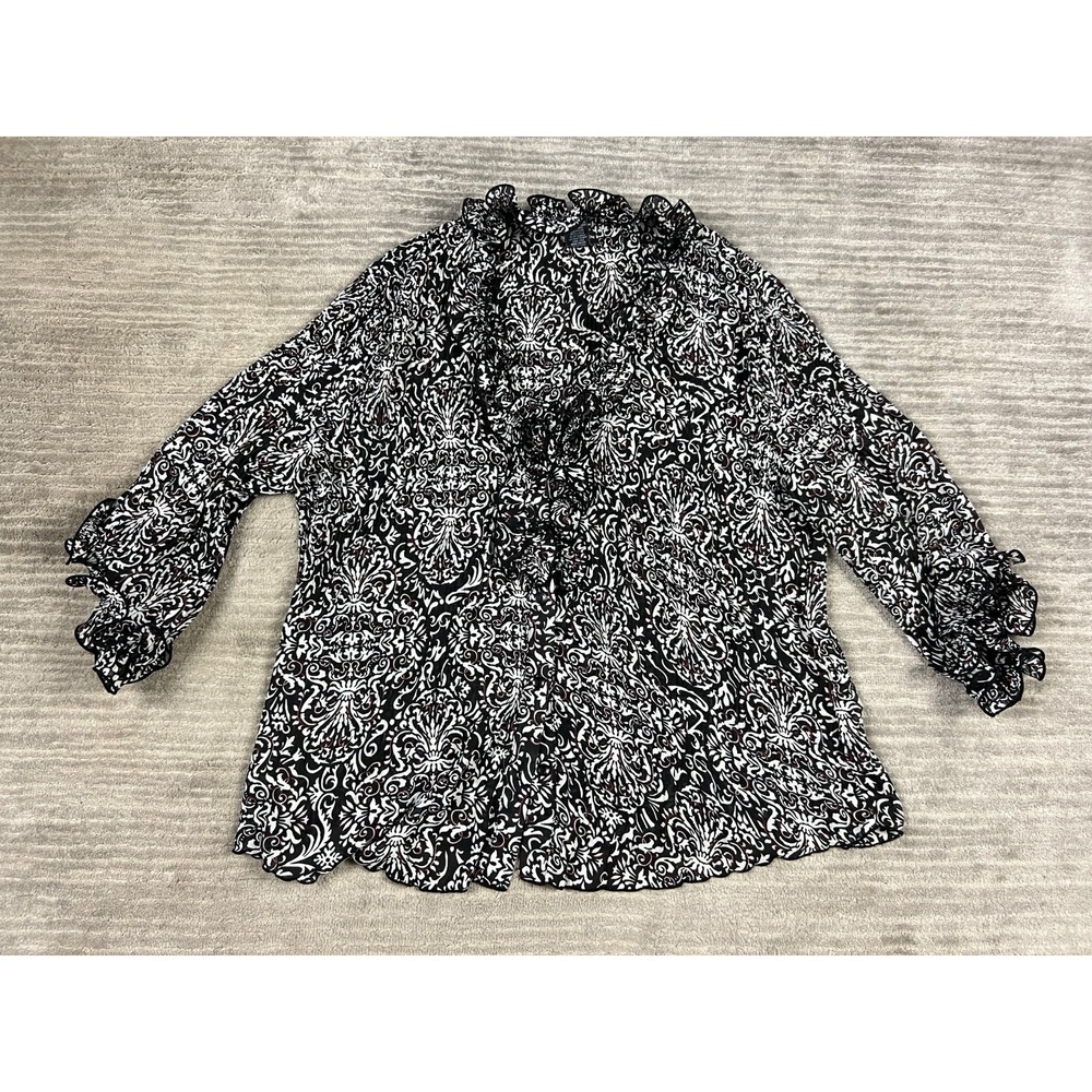 New Directions Top Womens Large Multicolor Ruffle Crinkle‎ Long Sleeve Button Up